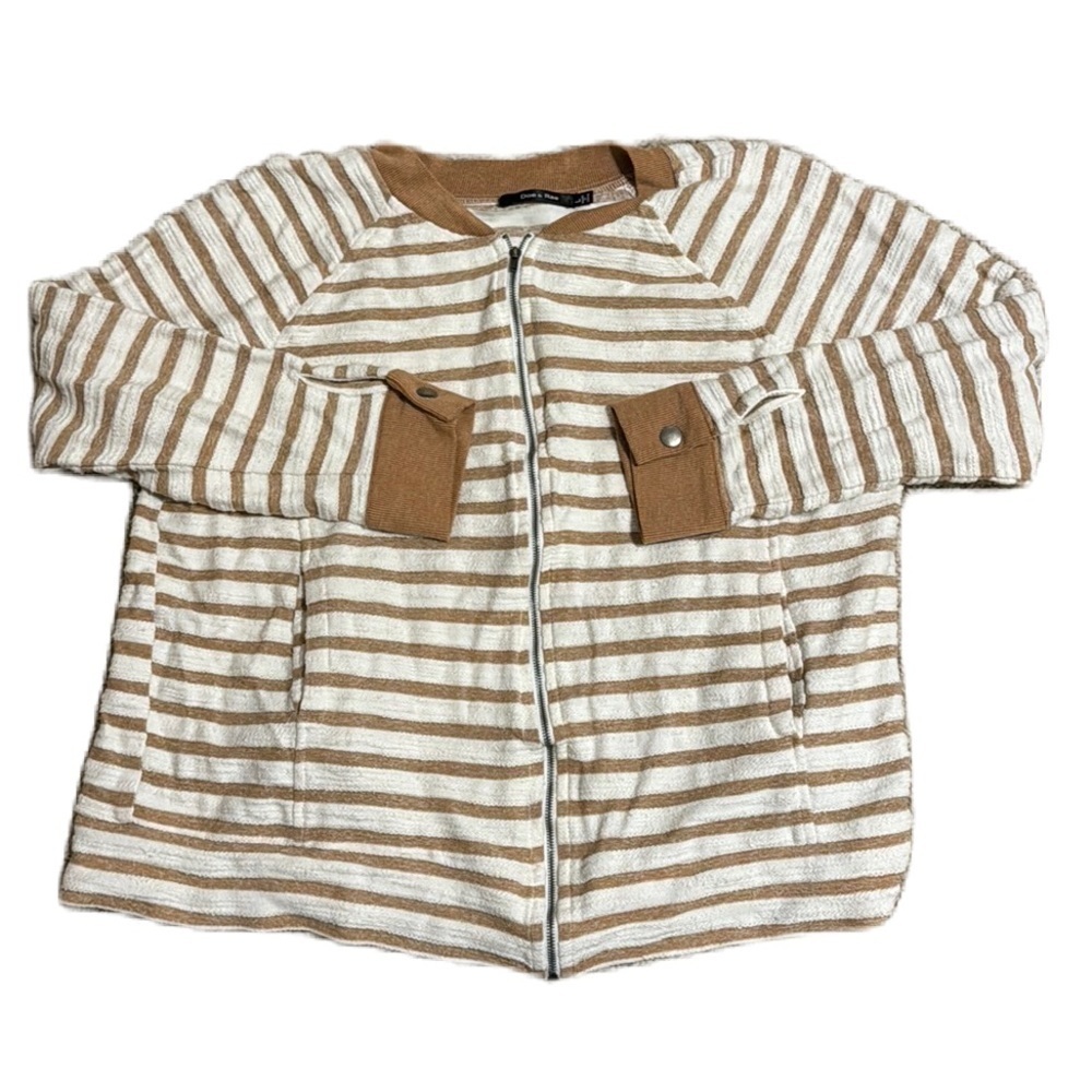 Doe & Rae Tan and White Striped Zip Up Jacket with Pockets Large EUC Women's